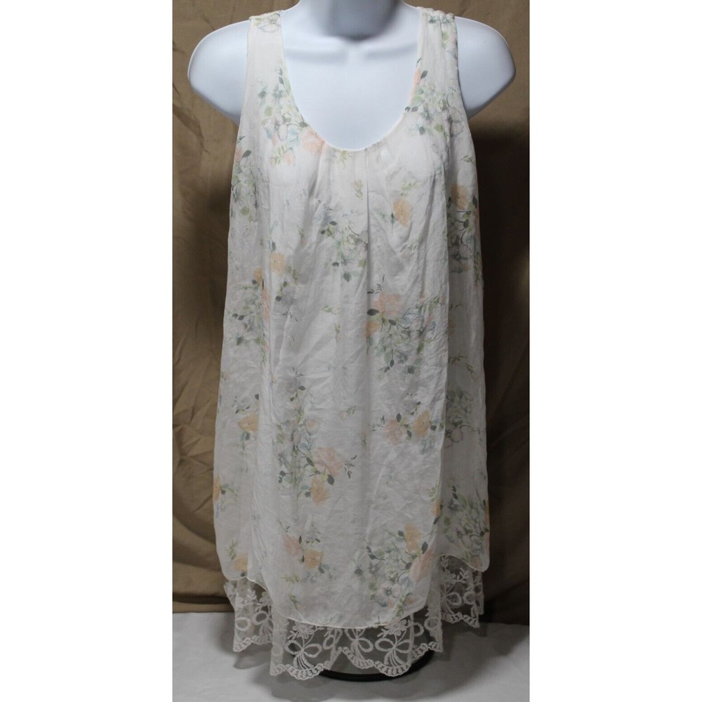 Tendenze  White Floral Lace Hem Lined Sleeveless Top Size M Silk Italy Flowy